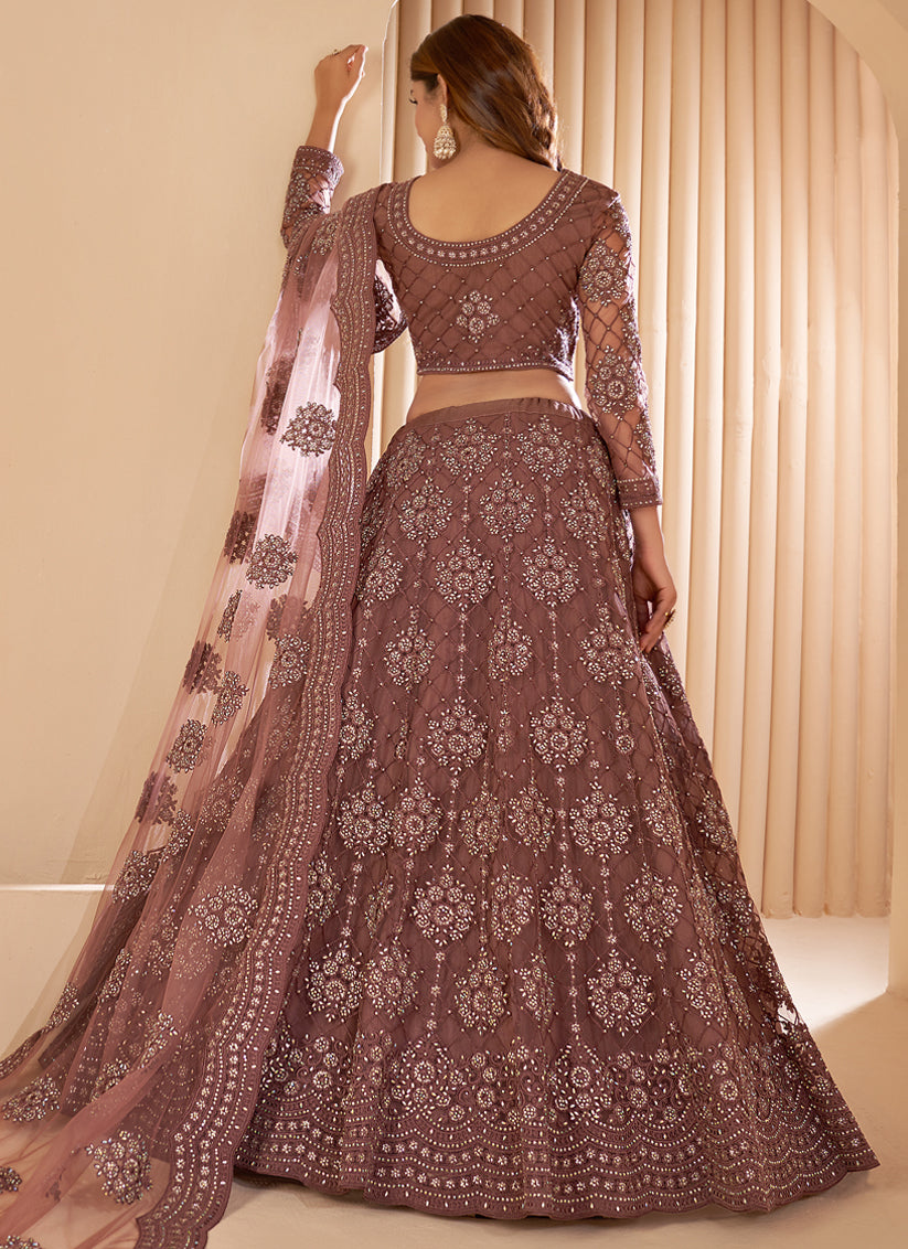 Brown Net Embroidered Bridal Lehenga Choli