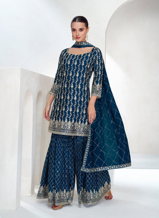 Peacock Blue Chinnon Silk Designer Sharara Kameez Suit