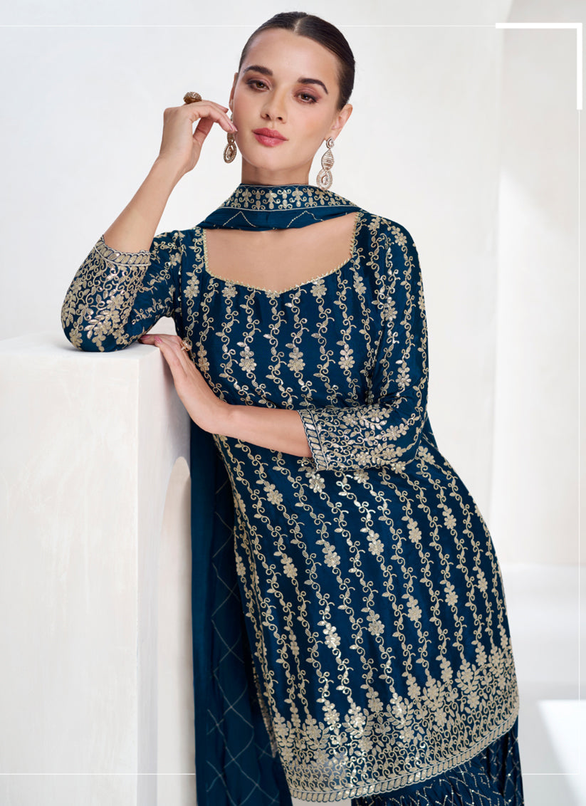 Peacock Blue Chinnon Silk Designer Sharara Kameez Suit