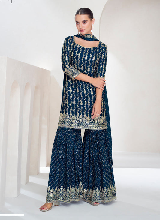 Peacock Blue Chinnon Silk Designer Sharara Kameez Suit