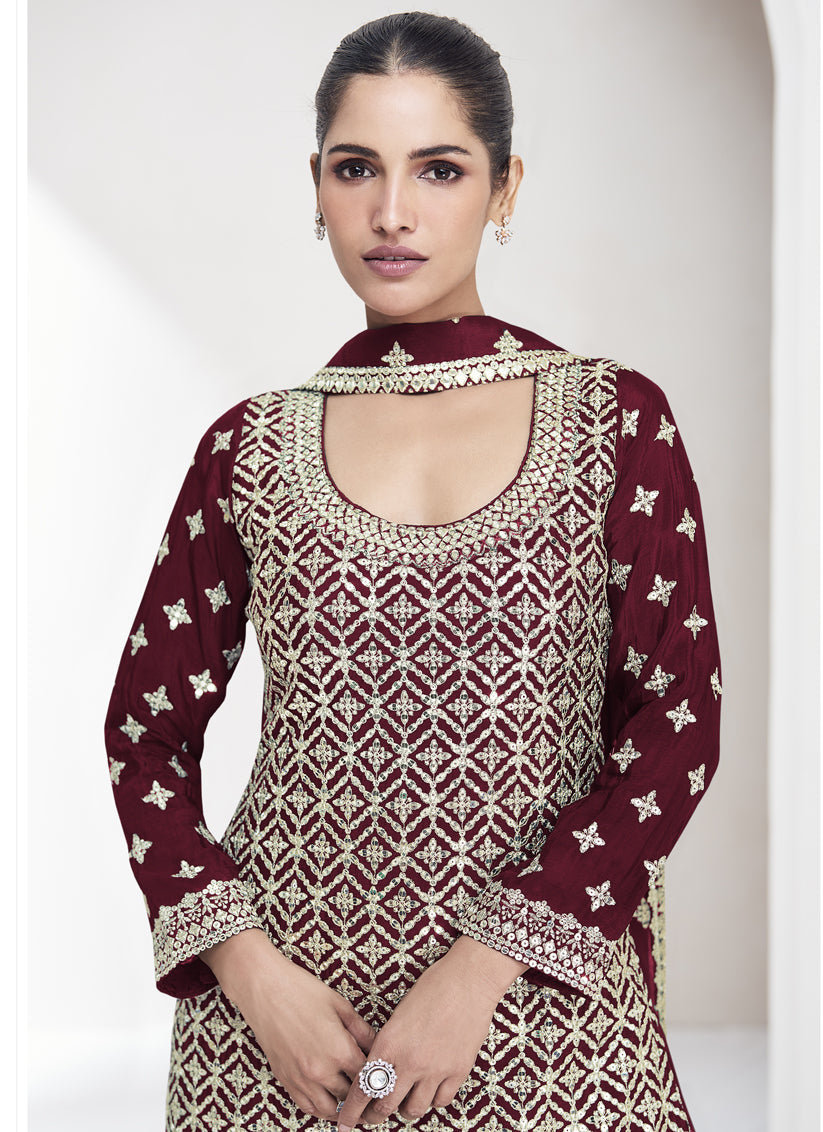 Maroon Chinnon Silk Zari Embroidered Palazzo Kameez