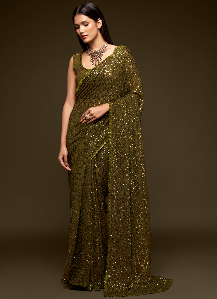 Astonishing Olive Green Georgette Thread and Sequins Embroidery Saree