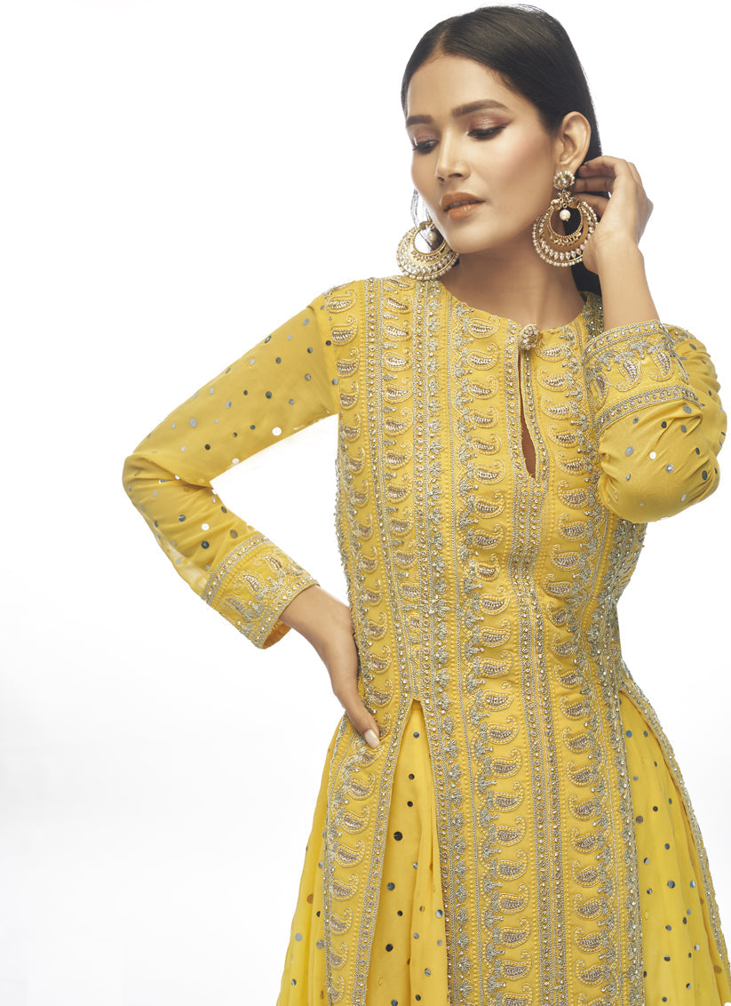Yellow Georgette Designer Lehenga Kameez Set