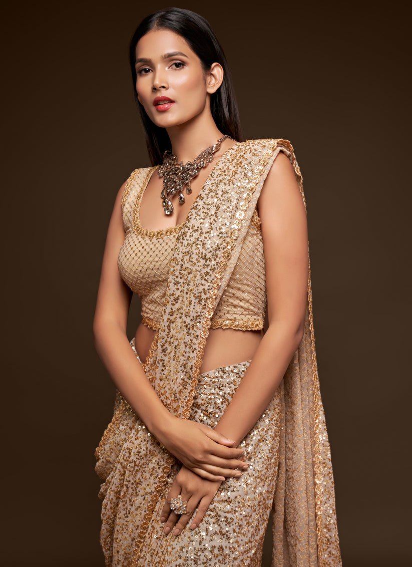 Stunning Ivory Georgette Thread and Sequins Embroidery Saree