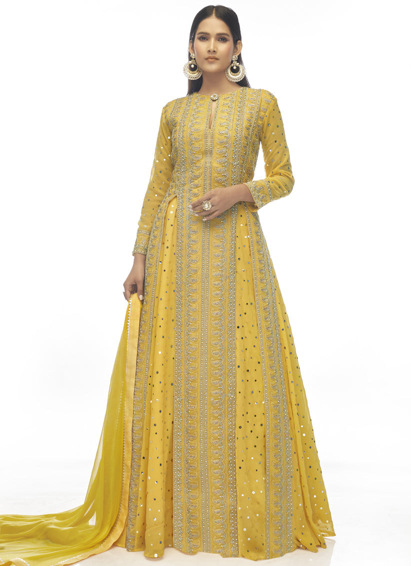 Yellow Georgette Designer Lehenga Kameez Set