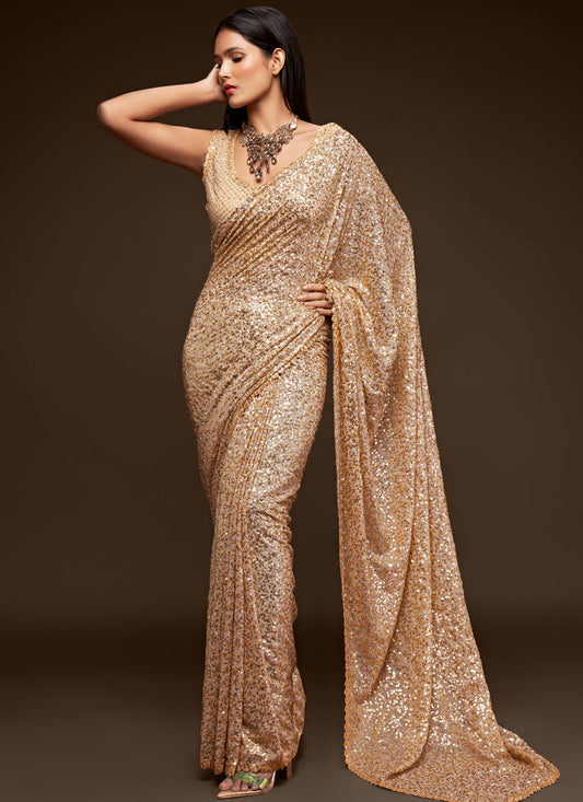 Stunning Ivory Georgette Thread and Sequins Embroidery Saree