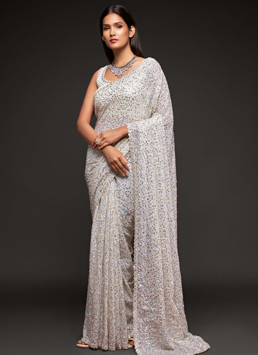 Awesome Pearl White Georgette Thread and Sequins Embroidery Saree