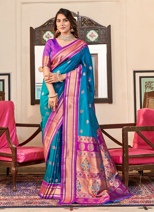 Azure Blue Peshwai Paithani Silk Woven Saree