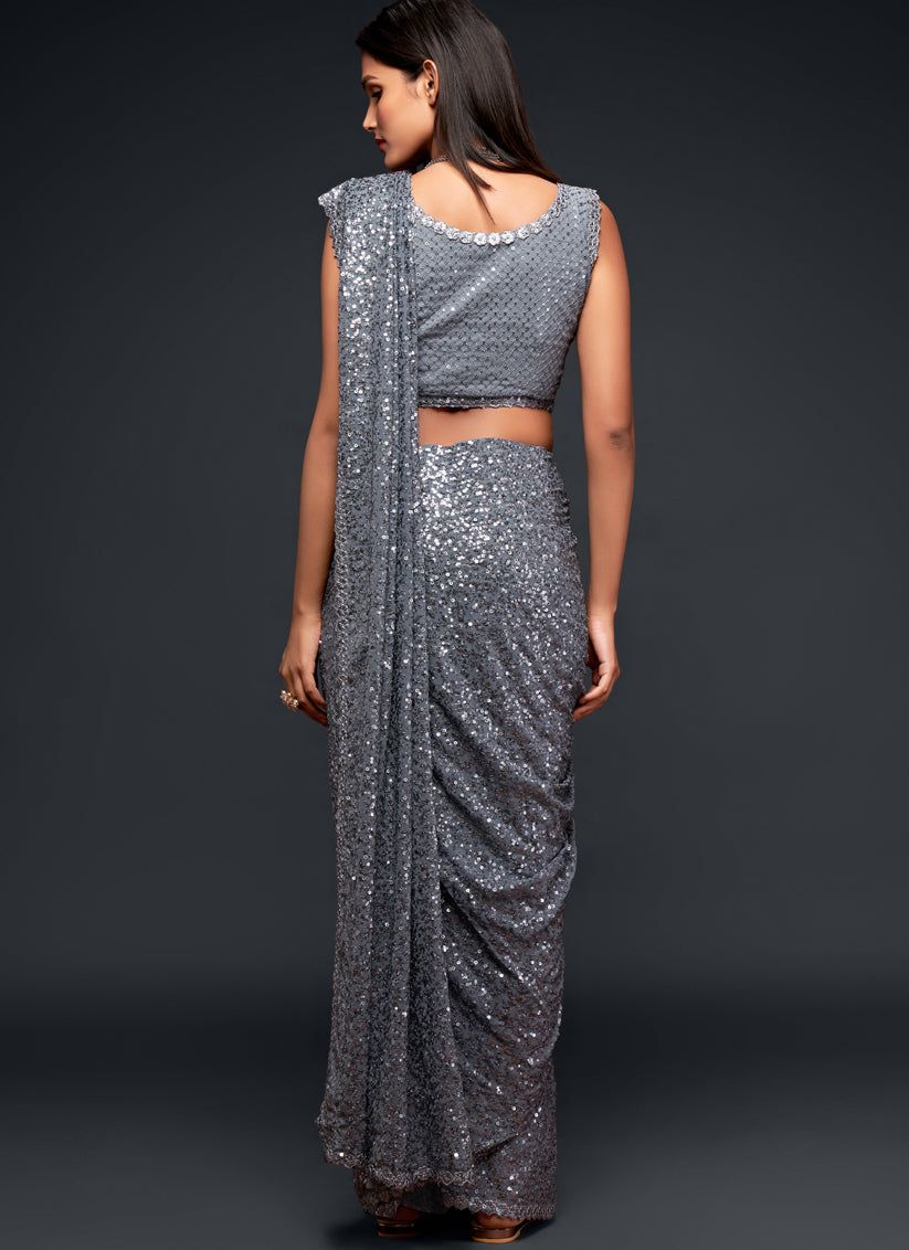 Pretty Slate Grey Georgette Thread and Sequins Embroidery Saree
