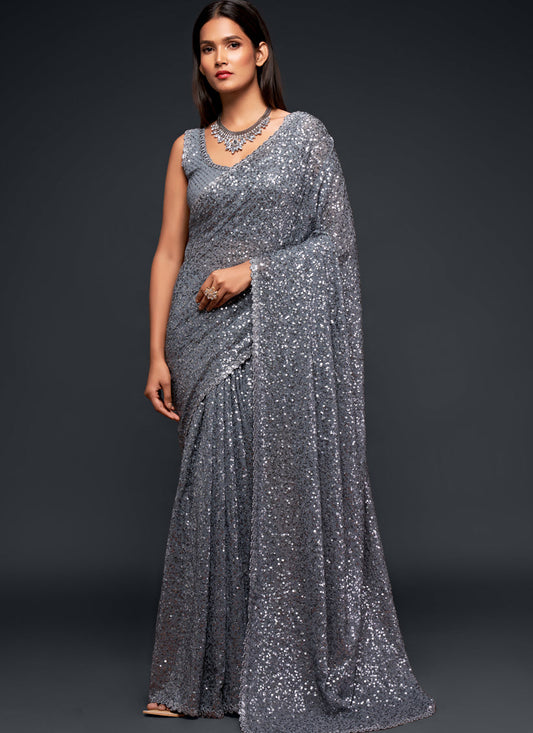 Pretty Slate Grey Georgette Thread and Sequins Embroidery Saree