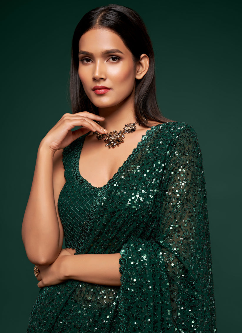 Elegant Green Georgette Thread and Sequins Embroidery Saree