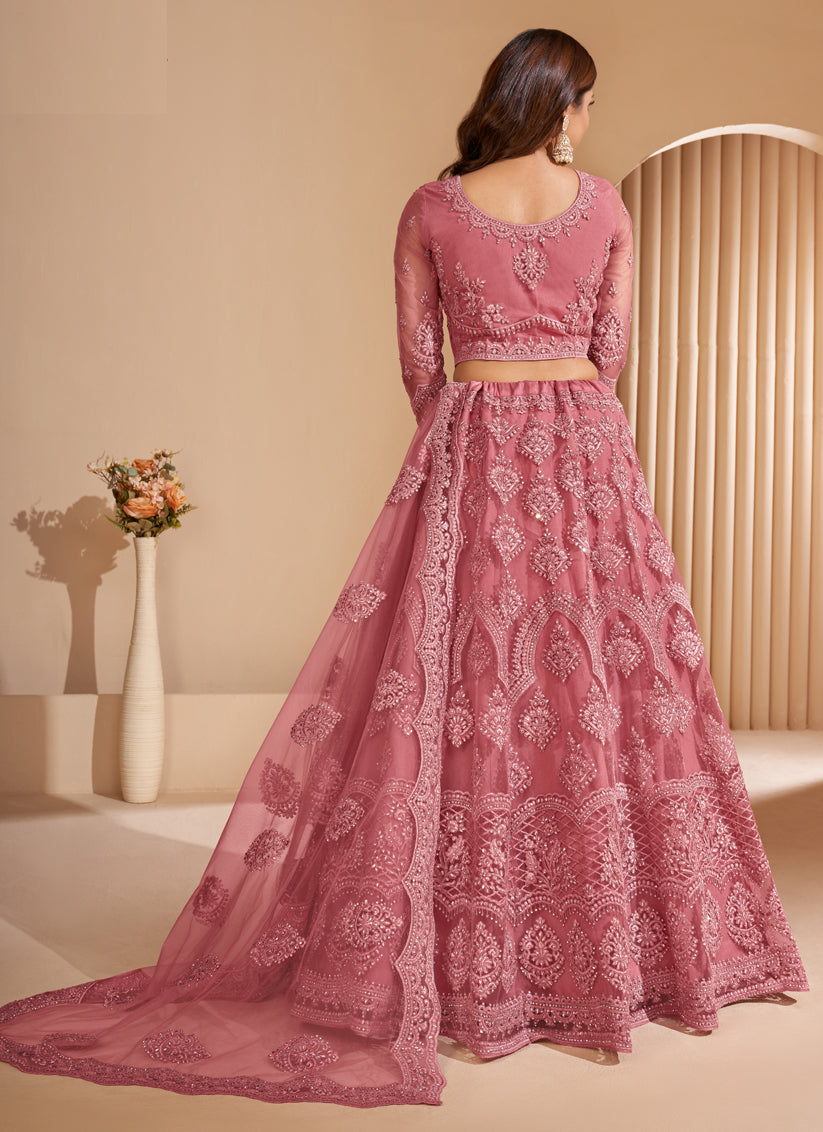 Pink Net Embroidered Bridal Lehenga Choli