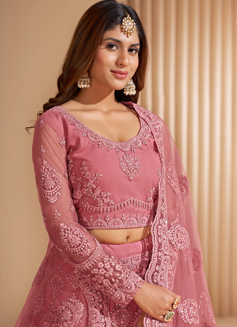 Pink Net Embroidered Bridal Lehenga Choli