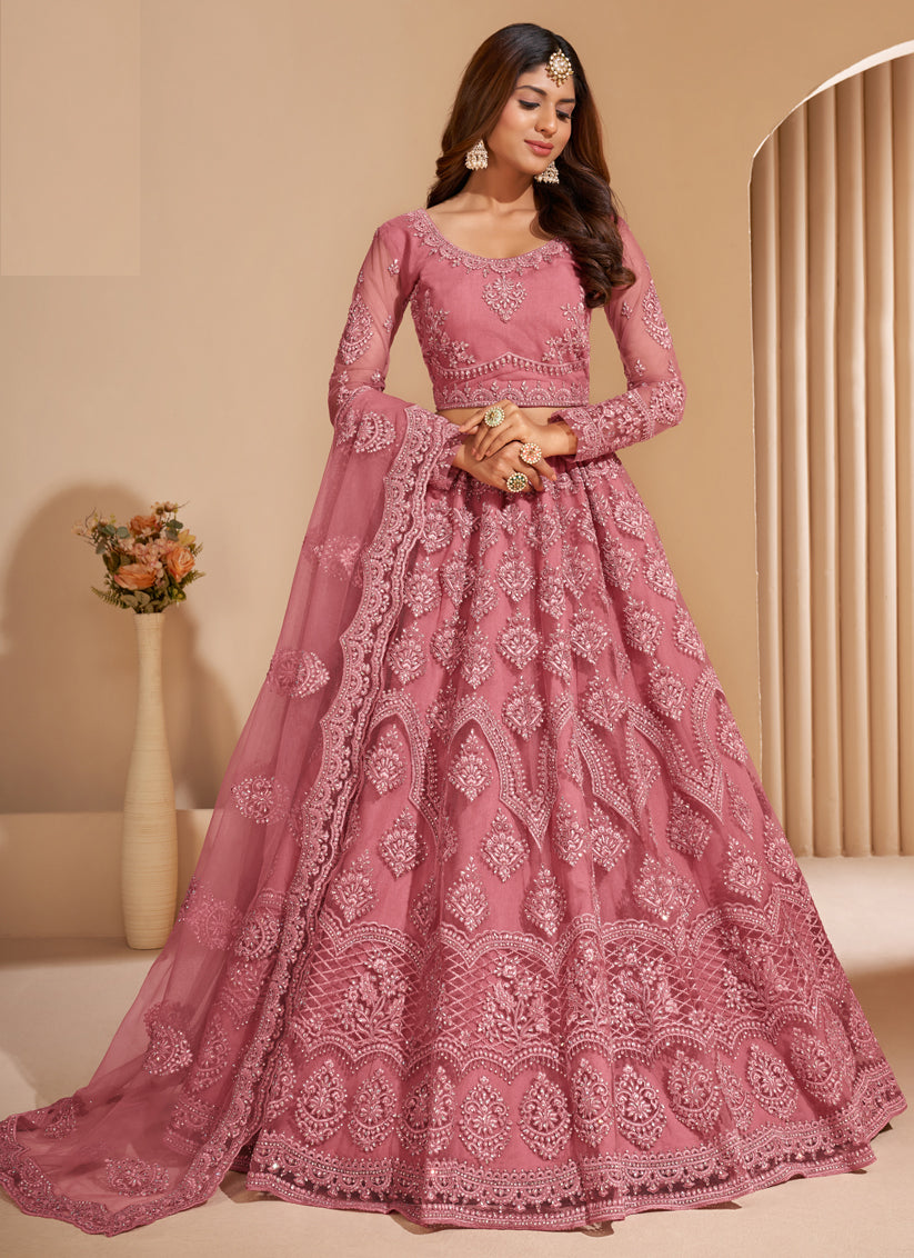 Pink Net Embroidered Bridal Lehenga Choli