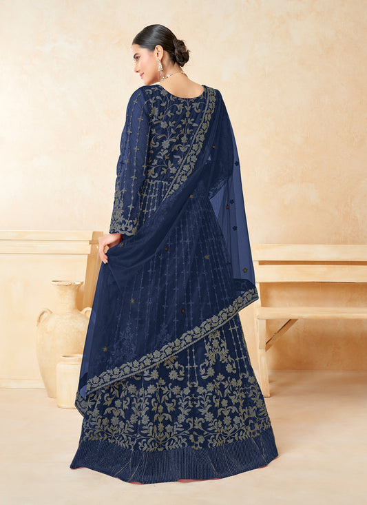 Navy Blue Net Embroidered Anarkali Suit