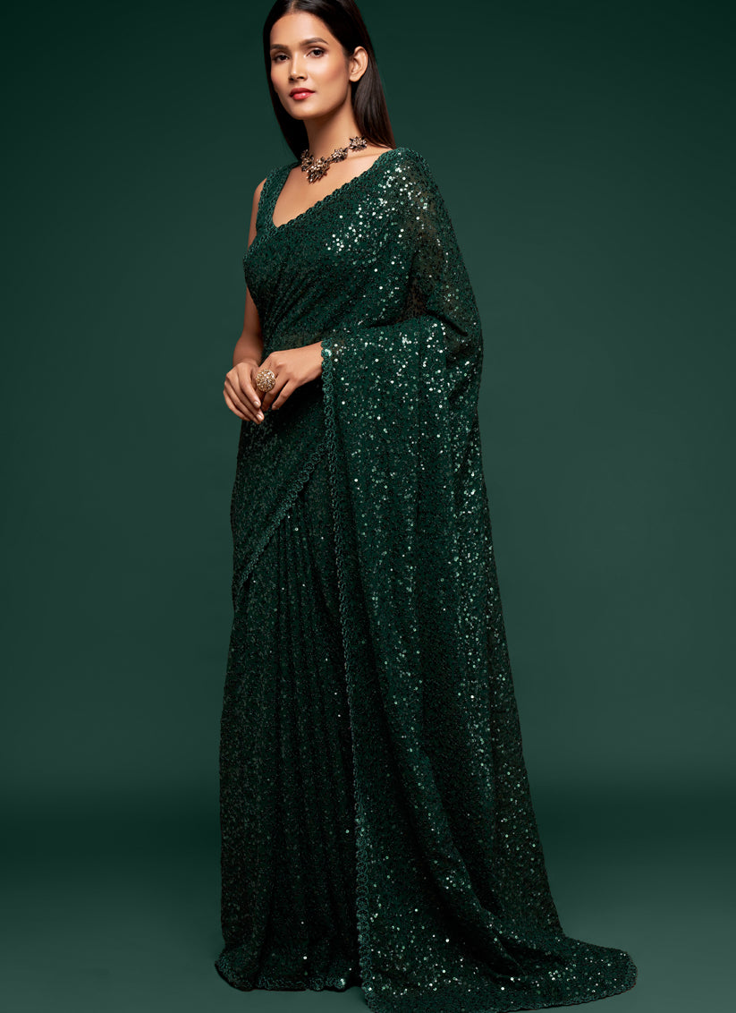 Elegant Green Georgette Thread and Sequins Embroidery Saree