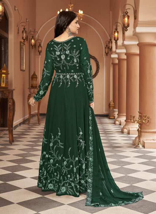 Bottle Green Faux Georgette Embroidered Anarkali Suit