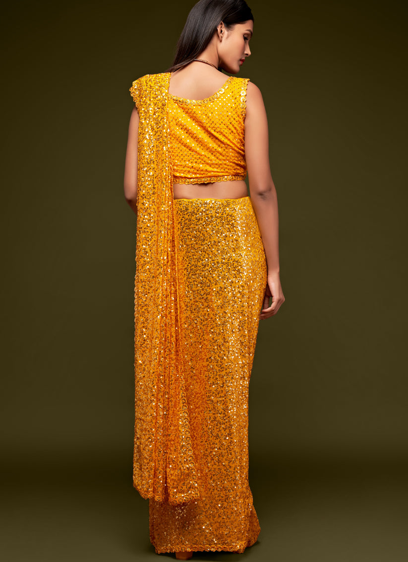 Captivating Yellow Georgette Thread and Sequins Embroidery Saree