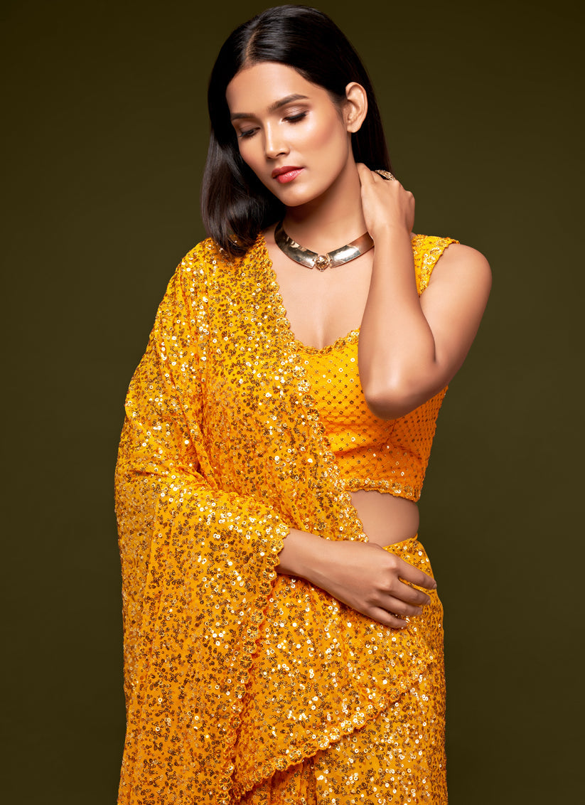 Captivating Yellow Georgette Thread and Sequins Embroidery Saree