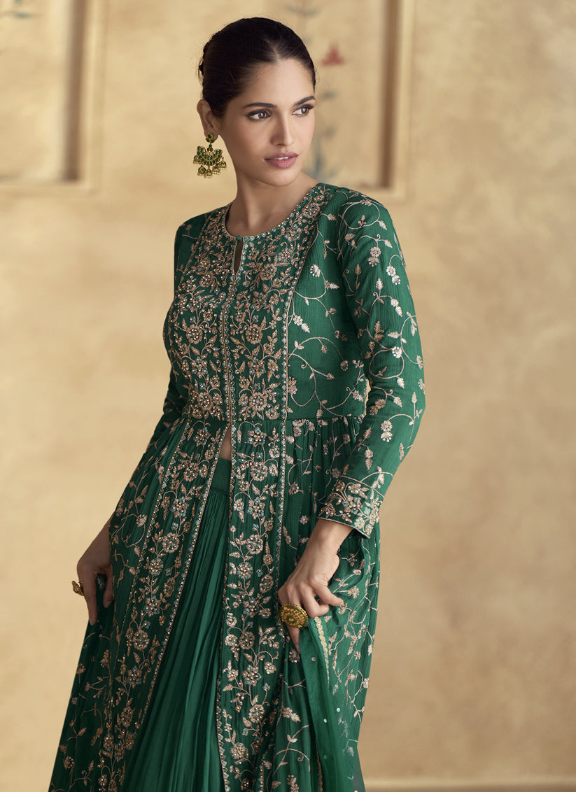 Emerald Green Chinnon Silk Embroidered Designer Lehenga Kameez