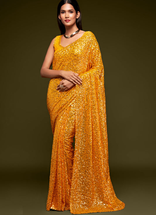 Captivating Yellow Georgette Thread and Sequins Embroidery Saree
