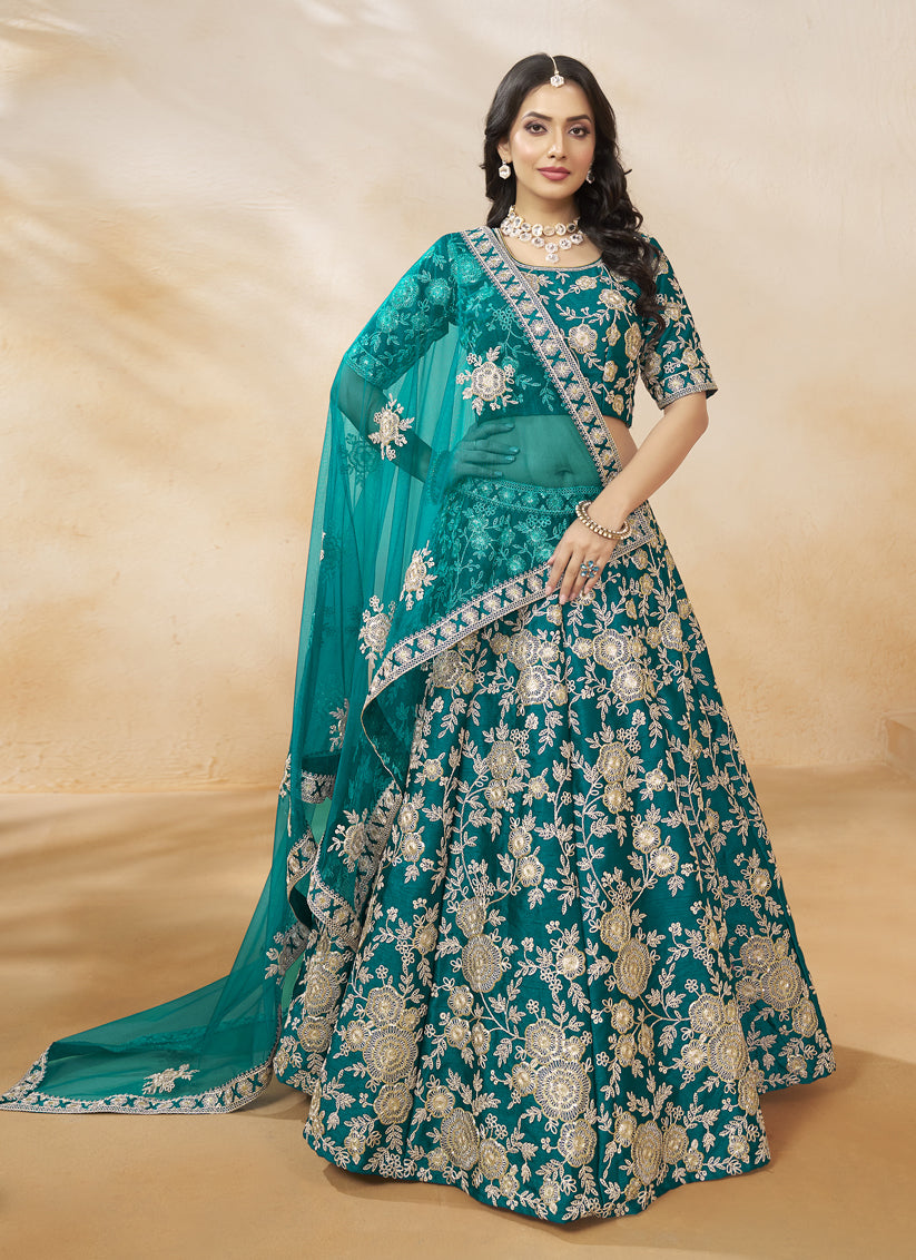 Rama Green Art Silk Embroidered Wedding Lehenga Choli