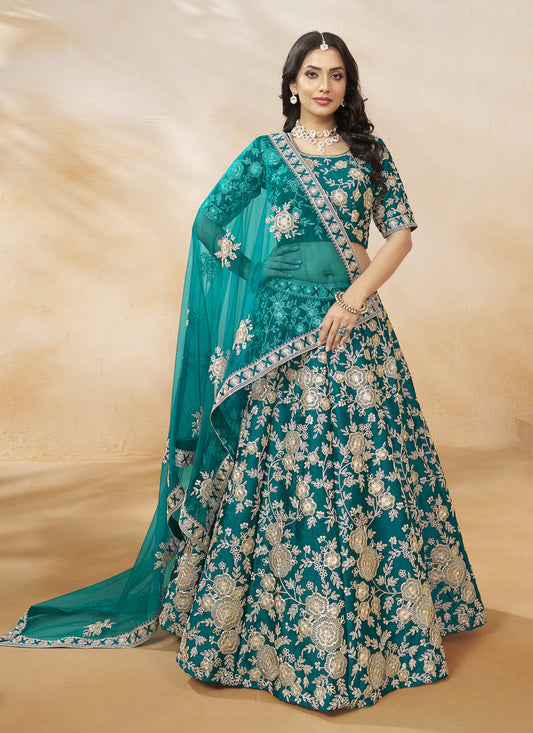 Rama Green Art Silk Embroidered Wedding Lehenga Choli