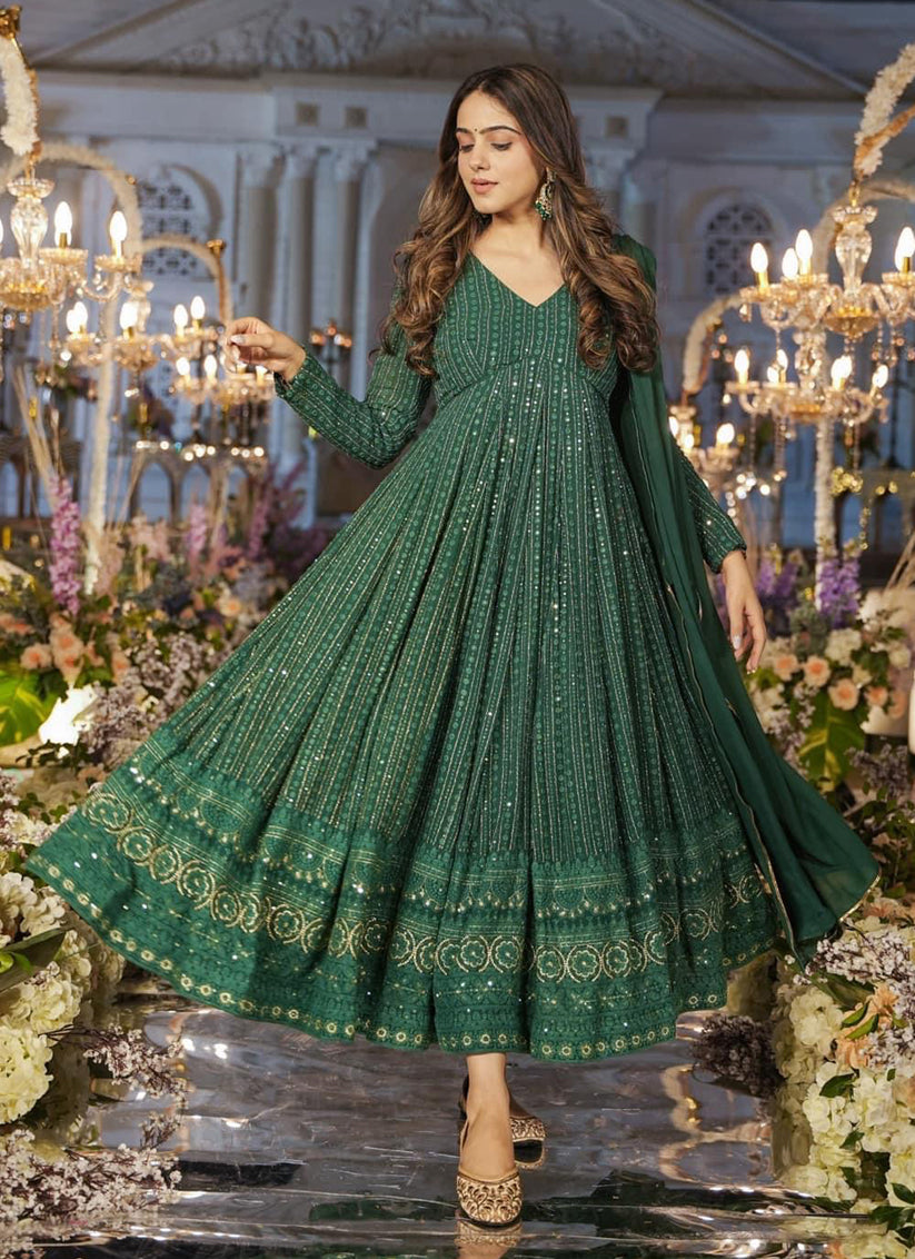 Green Faux Georgette Embroidered Gown with Dupatta