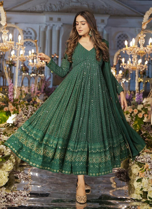 Green Faux Georgette Embroidered Gown with Dupatta