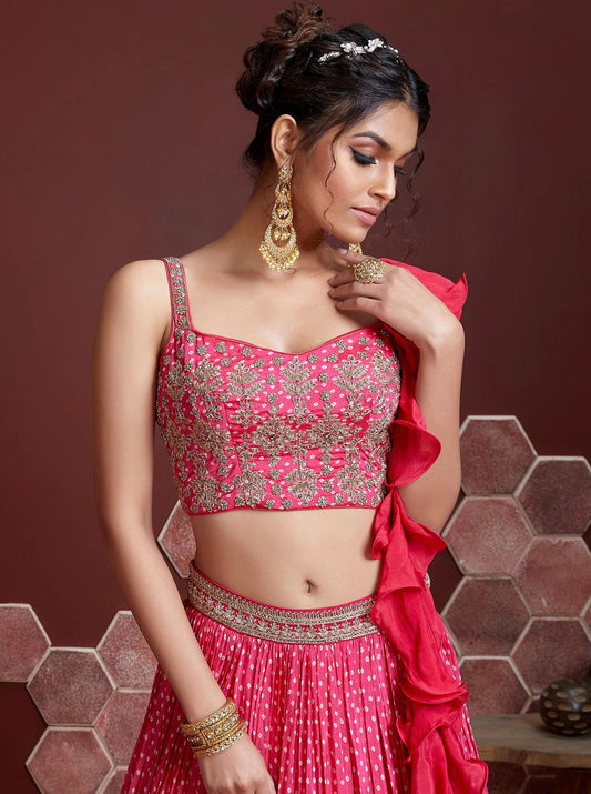 Incredible Pink Chinnon Silk Embroidered Wedding Lehenga Choli