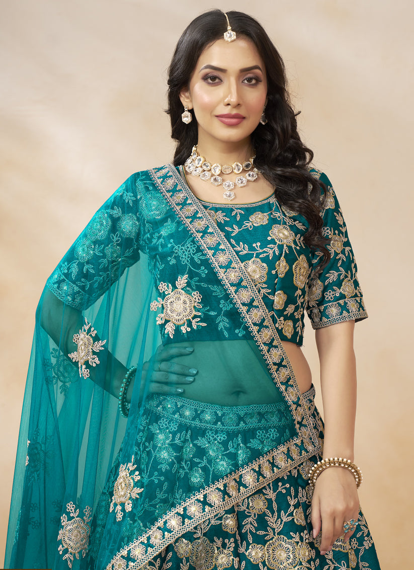Rama Green Art Silk Embroidered Wedding Lehenga Choli