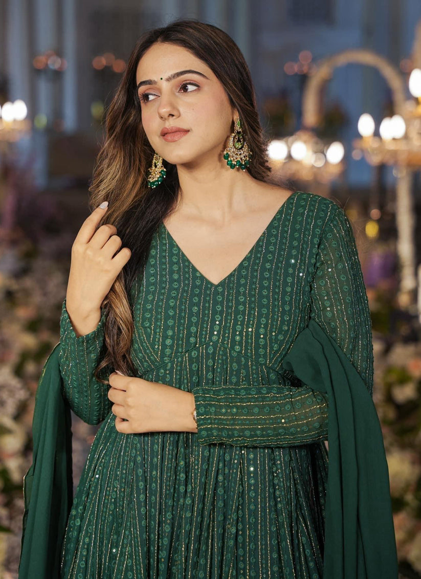 Green Faux Georgette Embroidered Gown with Dupatta