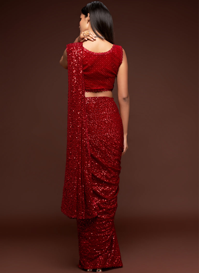 Sweet Red Georgette Thread and Sequins Embroidery Saree
