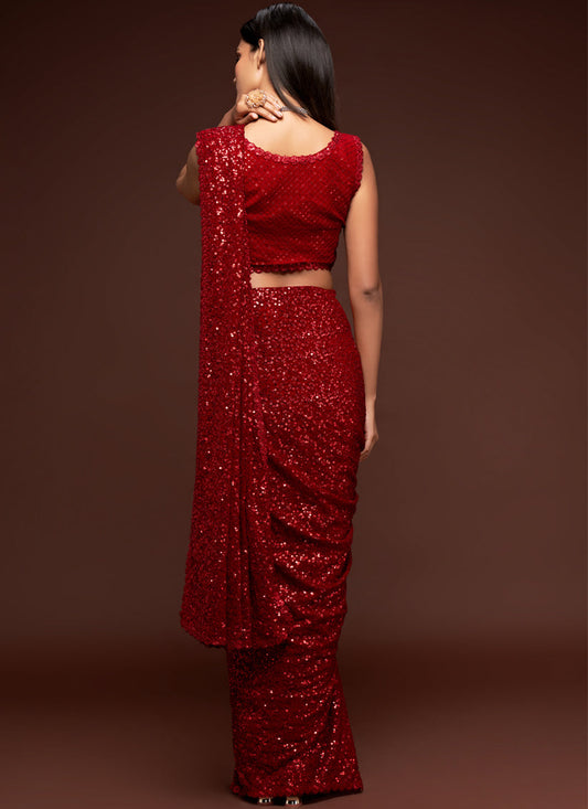 Sweet Red Georgette Thread and Sequins Embroidery Saree