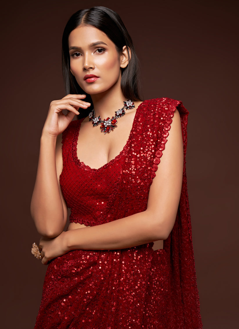 Sweet Red Georgette Thread and Sequins Embroidery Saree
