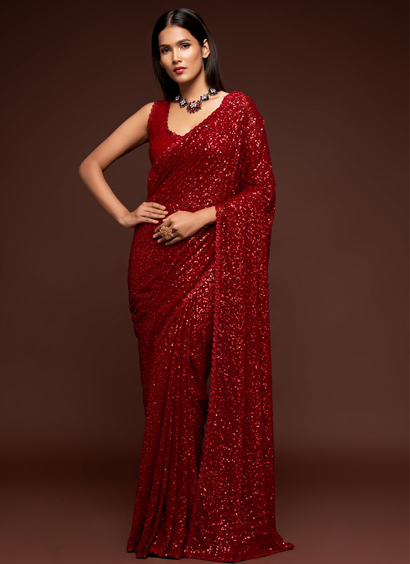 Sweet Red Georgette Thread and Sequins Embroidery Saree