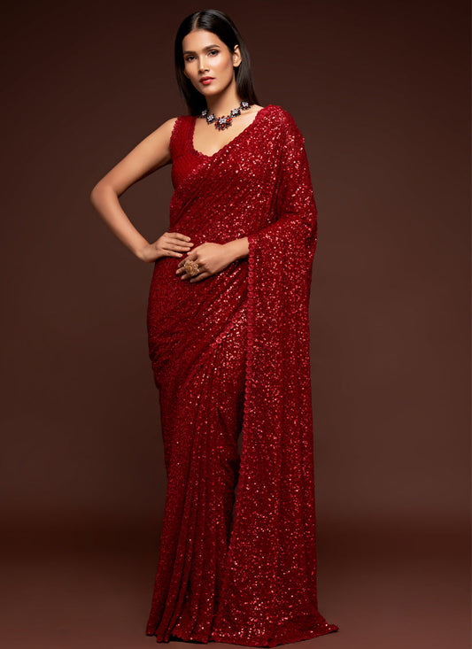 Sweet Red Georgette Thread and Sequins Embroidery Saree