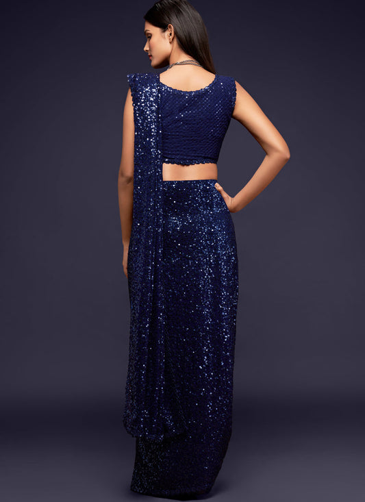 Stylish Blue Georgette Thread and Sequins Embroidery Saree
