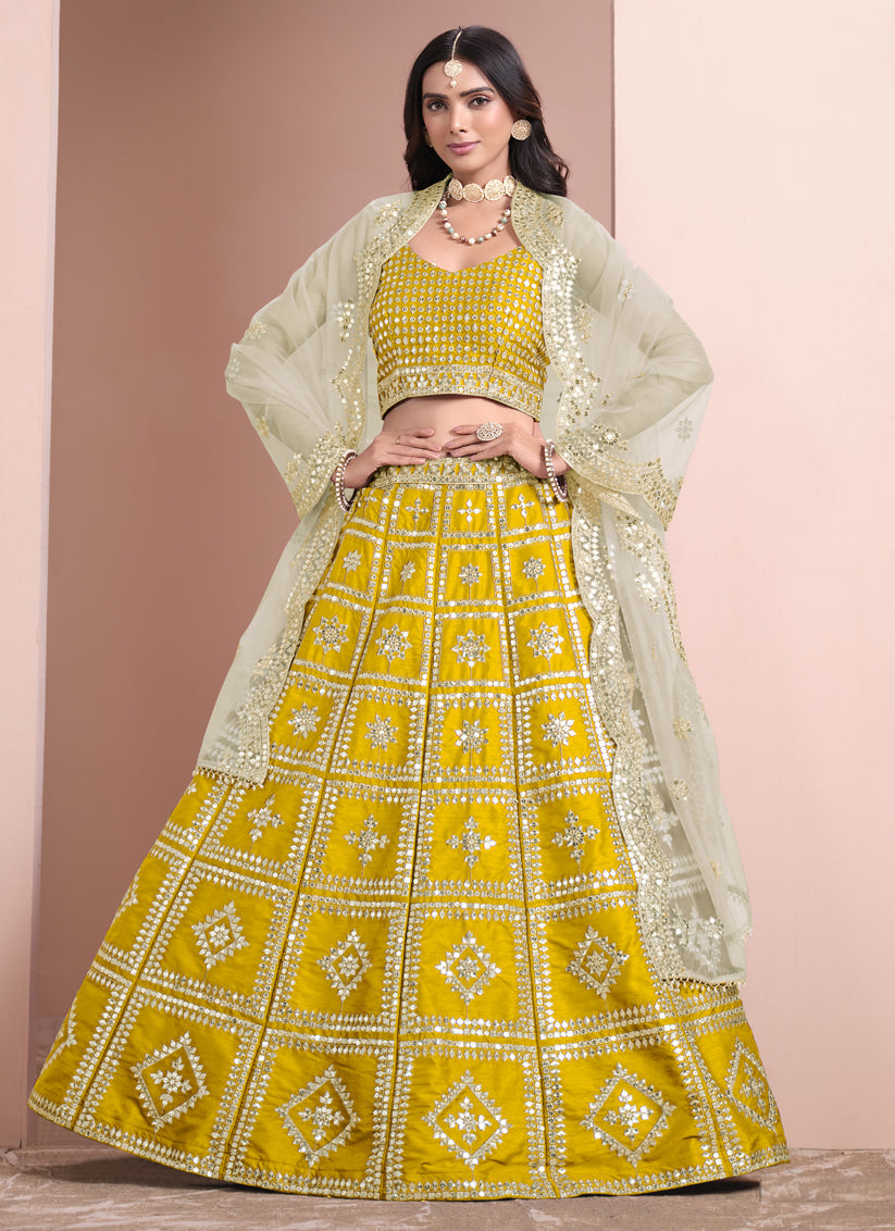 maize yellow art silk embroidered lehenga choli with net dupatta
