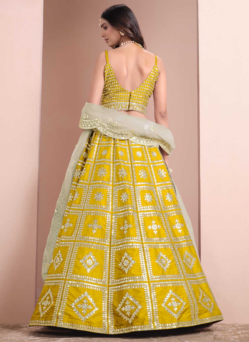 maize yellow art silk embroidered lehenga choli with net dupatta
