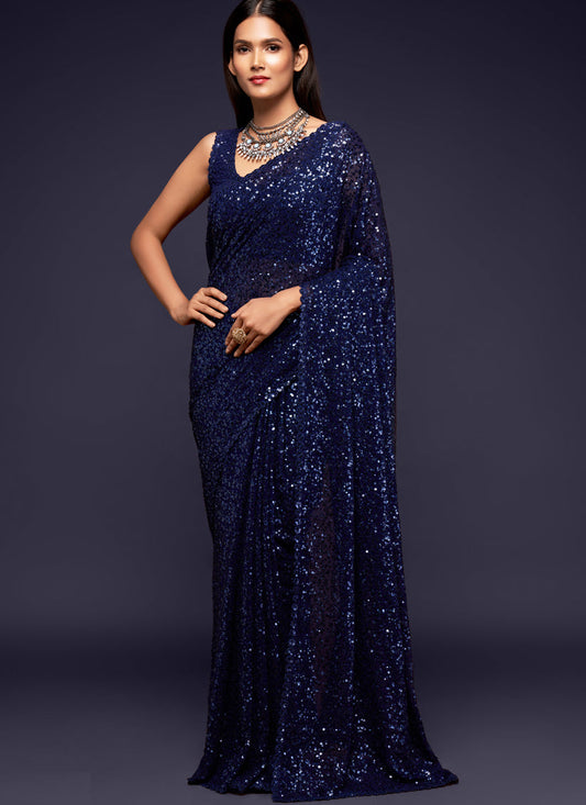 Stylish Blue Georgette Thread and Sequins Embroidery Saree