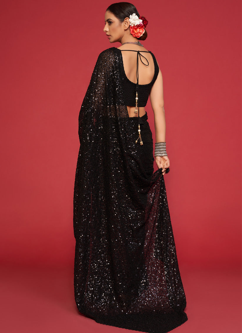Beautiful Black Georgette Thread and Sequins Embroidery Saree