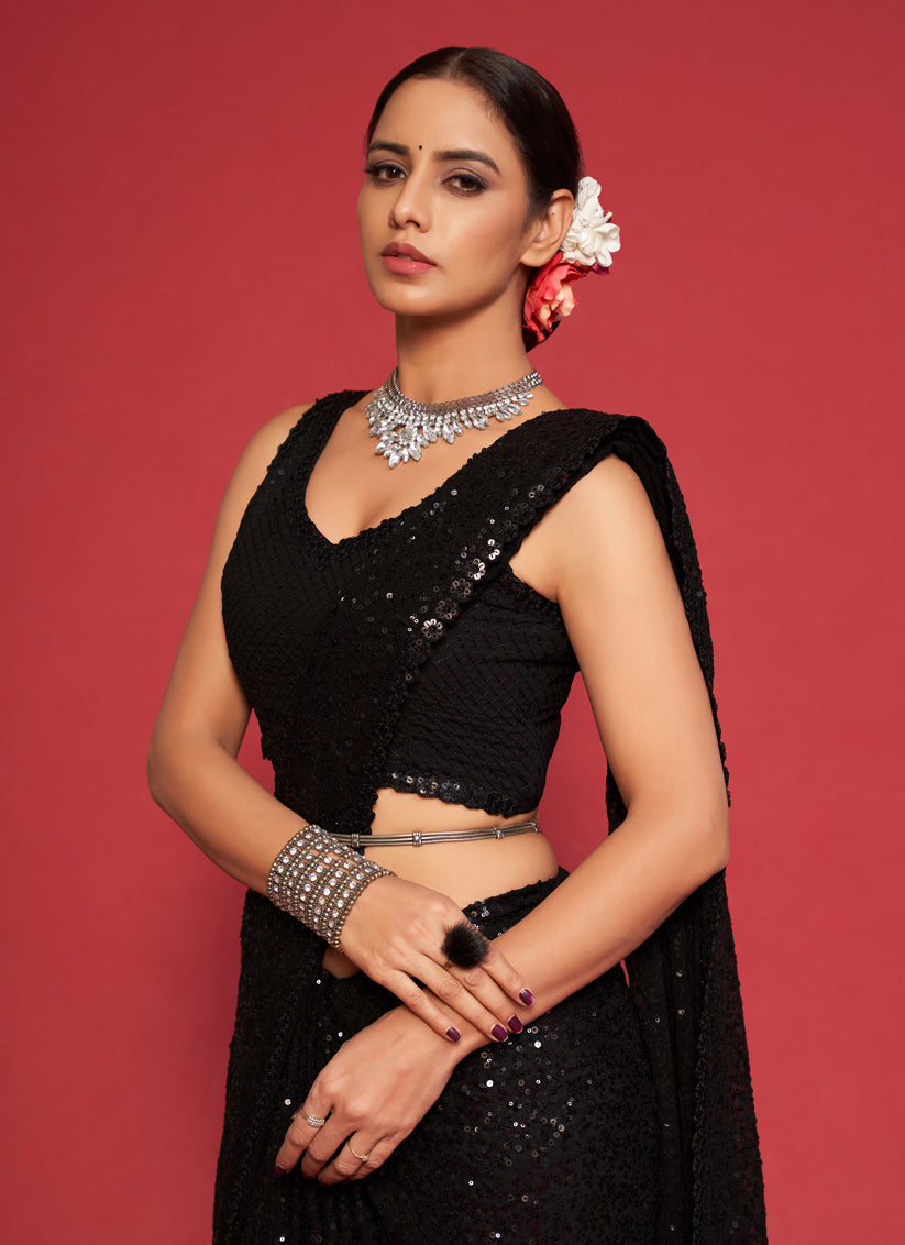 Beautiful Black Georgette Thread and Sequins Embroidery Saree