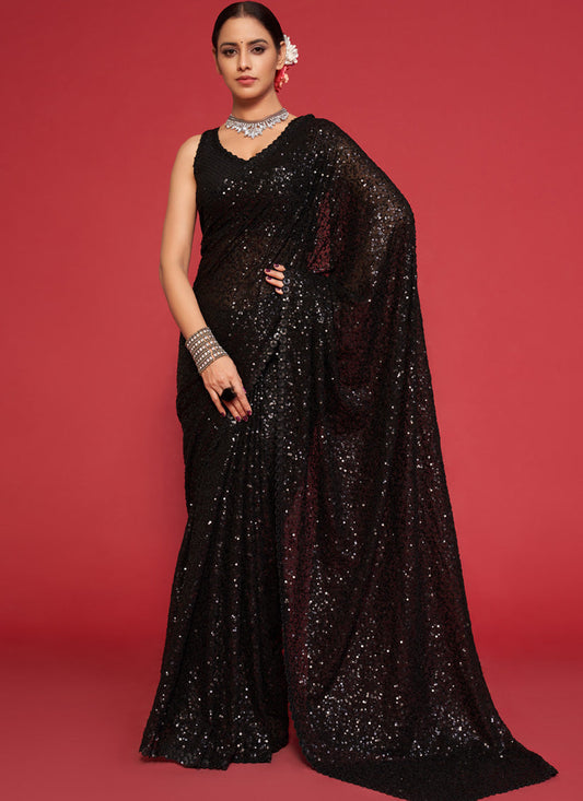 Beautiful Black Georgette Thread and Sequins Embroidery Saree