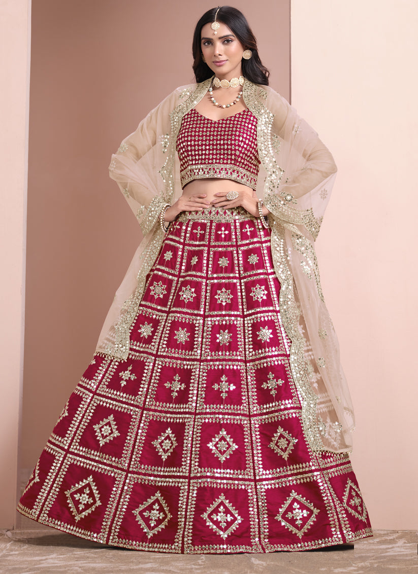 maroon art silk embroidered lehenga choli with net dupatta