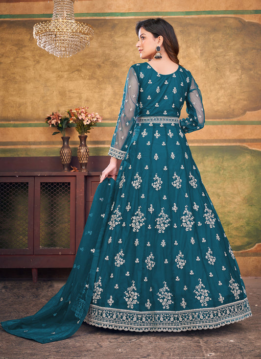 Peacock Blue Net Embroidered Anarkali Dress