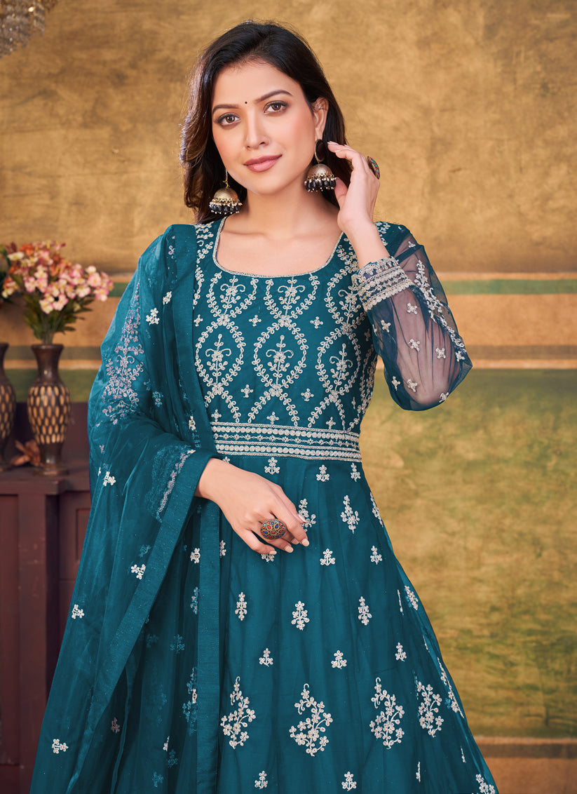 Peacock Blue Net Embroidered Anarkali Dress