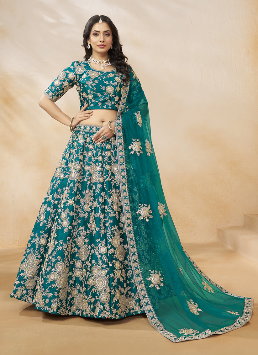 Rama Green Art Silk Embroidered Wedding Lehenga Choli