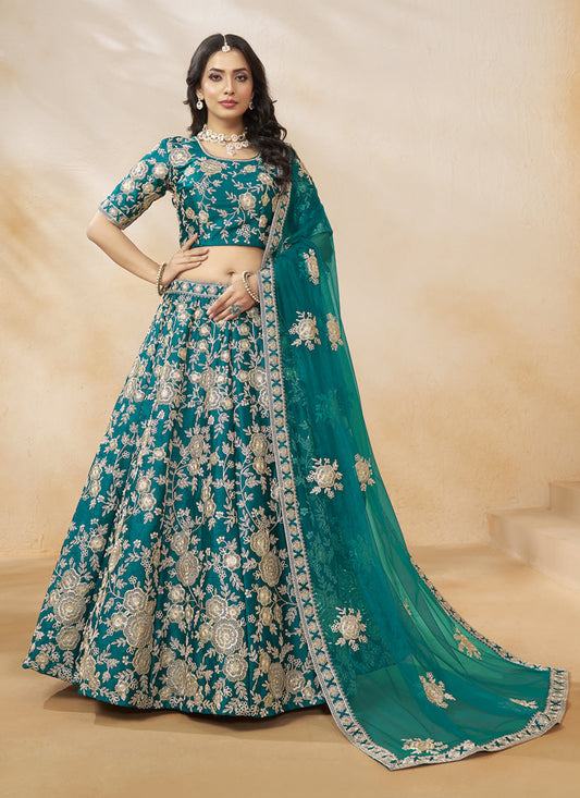 Rama Green Art Silk Embroidered Wedding Lehenga Choli