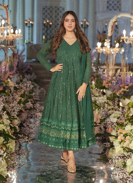 Green Faux Georgette Embroidered Gown with Dupatta